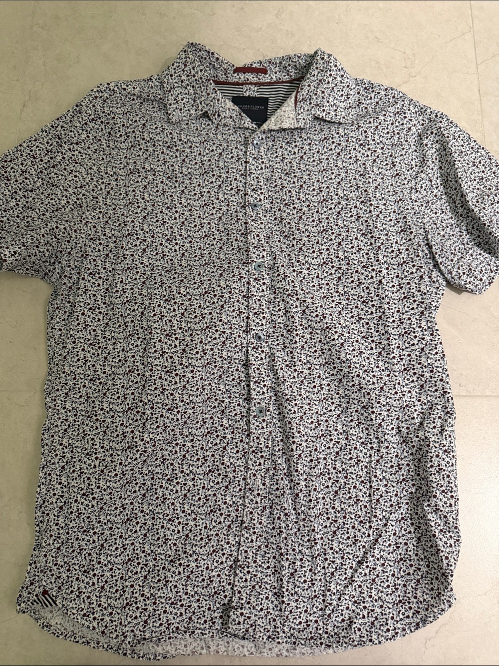 Denim & Flower White Short-Sleeve Shirt with Navy and Red Micro Floral Print